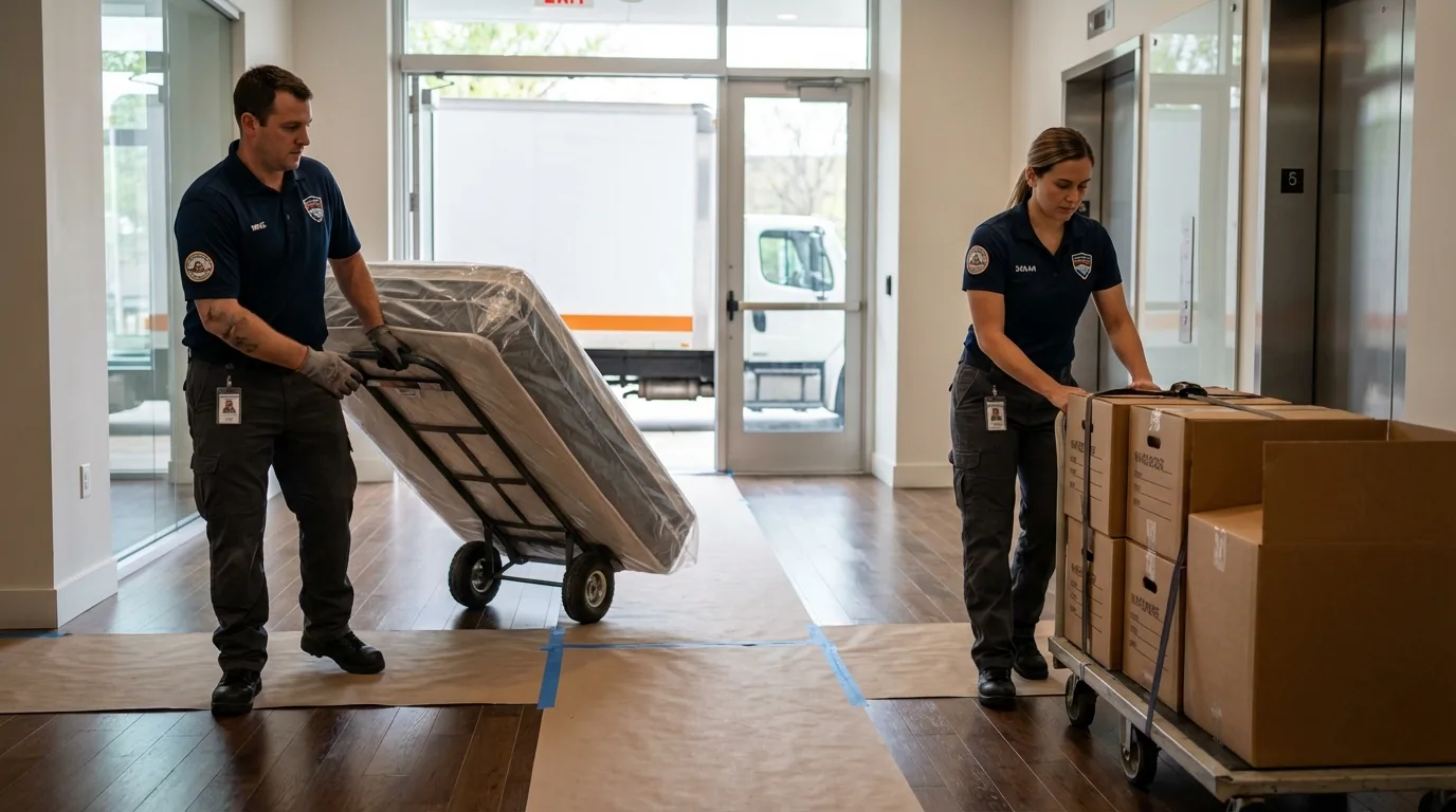 Professional apartment movers loading elevator in Whitehall, NY