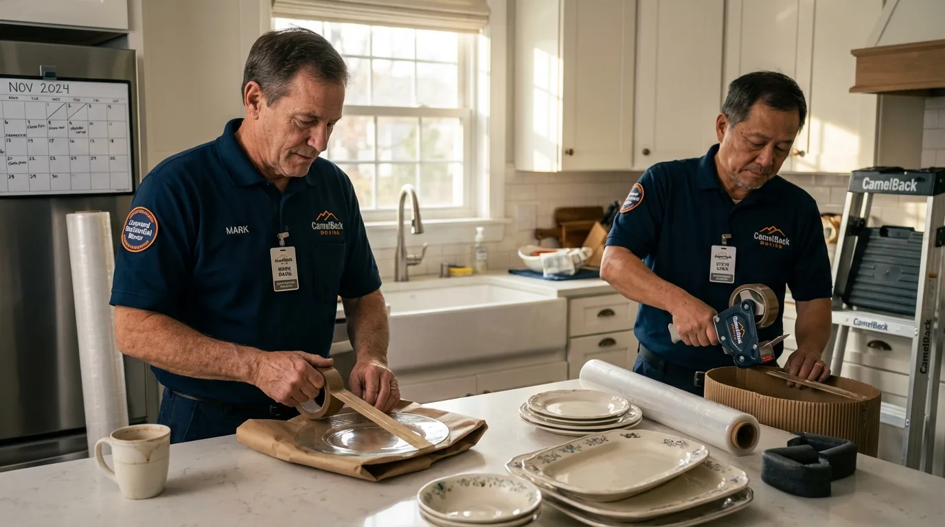 Professional crew packing kitchen dishware in Whitehall, NY